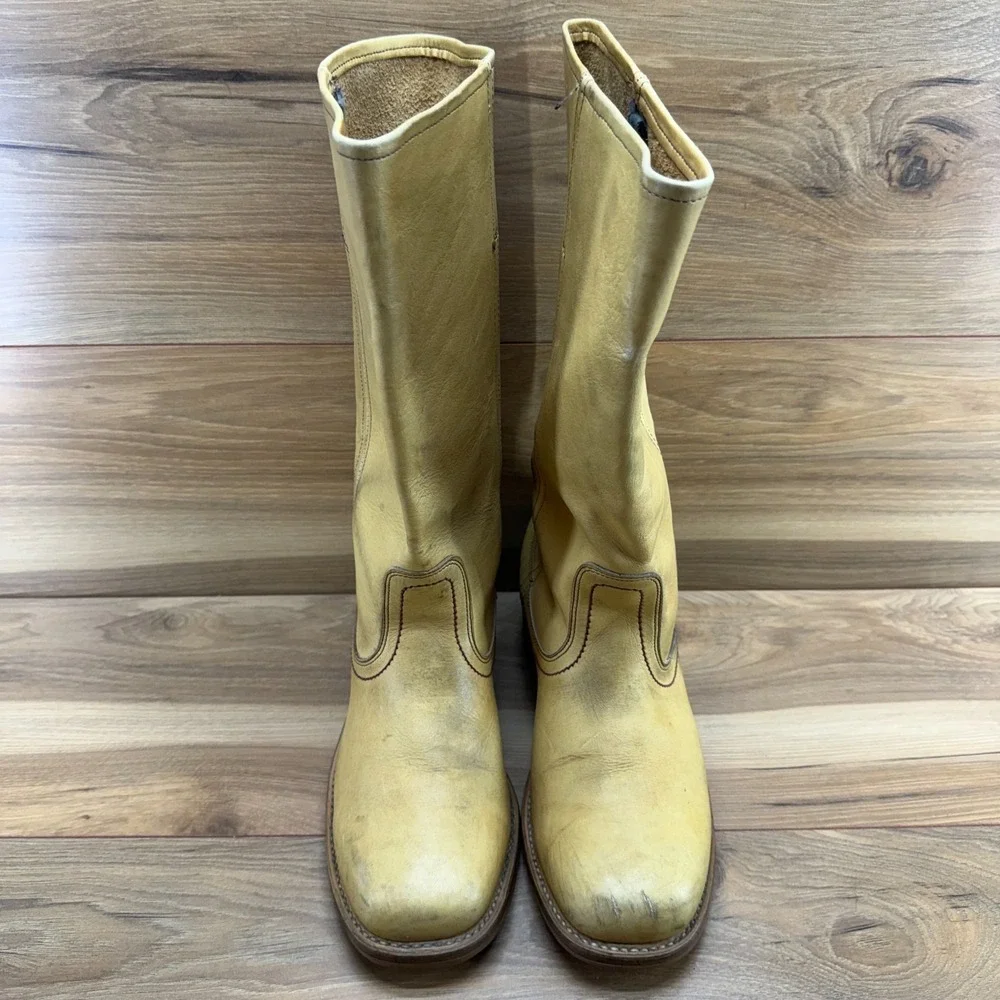 Vintage Campus Boots Banana Yellow Tan Leather Mens 10 D Stacked Heel Pull On